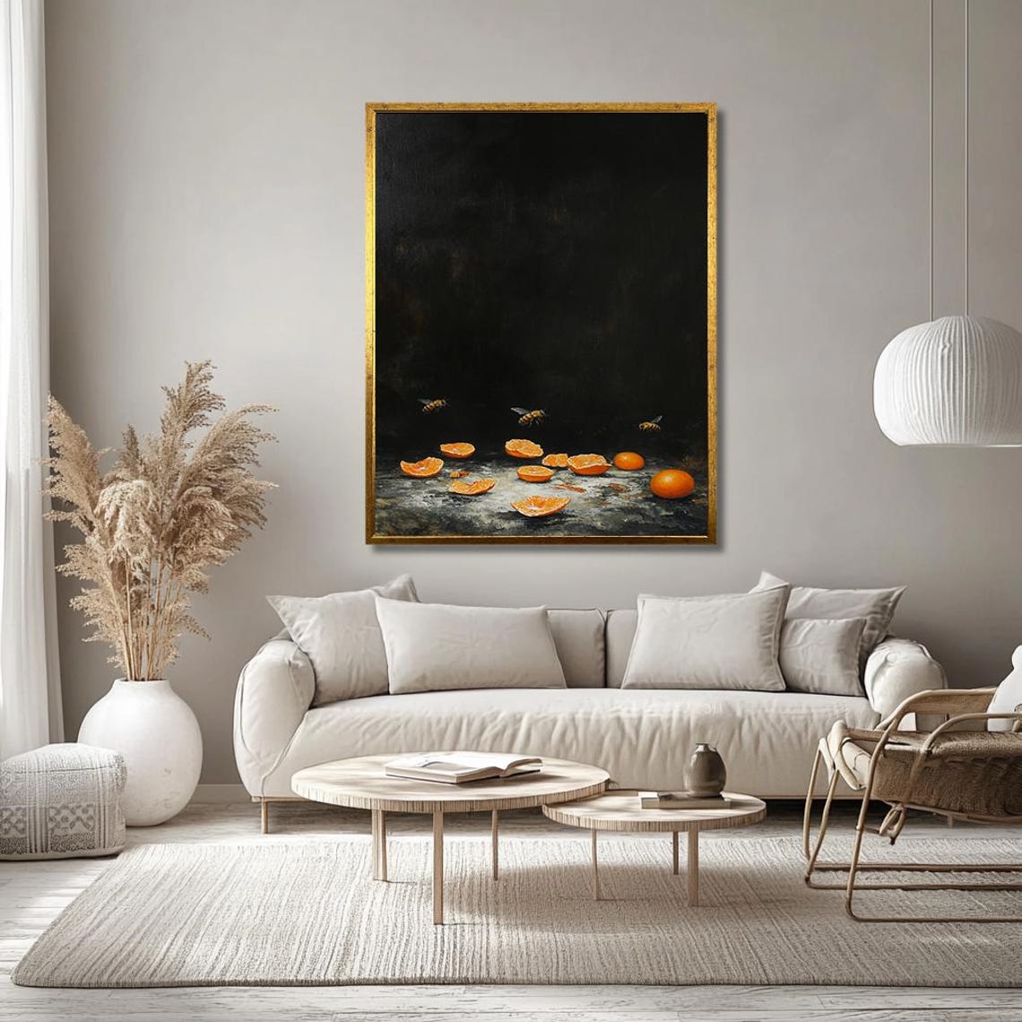 Still Life With Oranges And Bees Wall Art Dark Minimalist Painting Unique Wall Decor For Kitchen Or Dining Room - Image 3