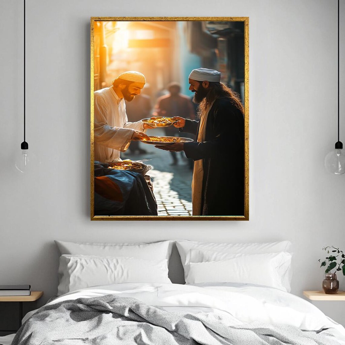 Two Middle Eastern Men Sharing Food On An Old Street At Sunset Poster - Image 3