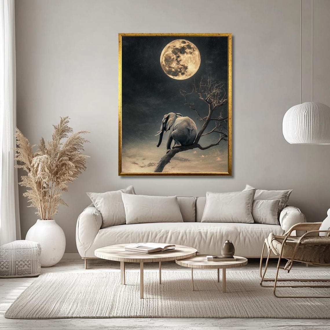 Elephant Sitting On Tree Branch Under Full Moon Sepia Poster - Image 3
