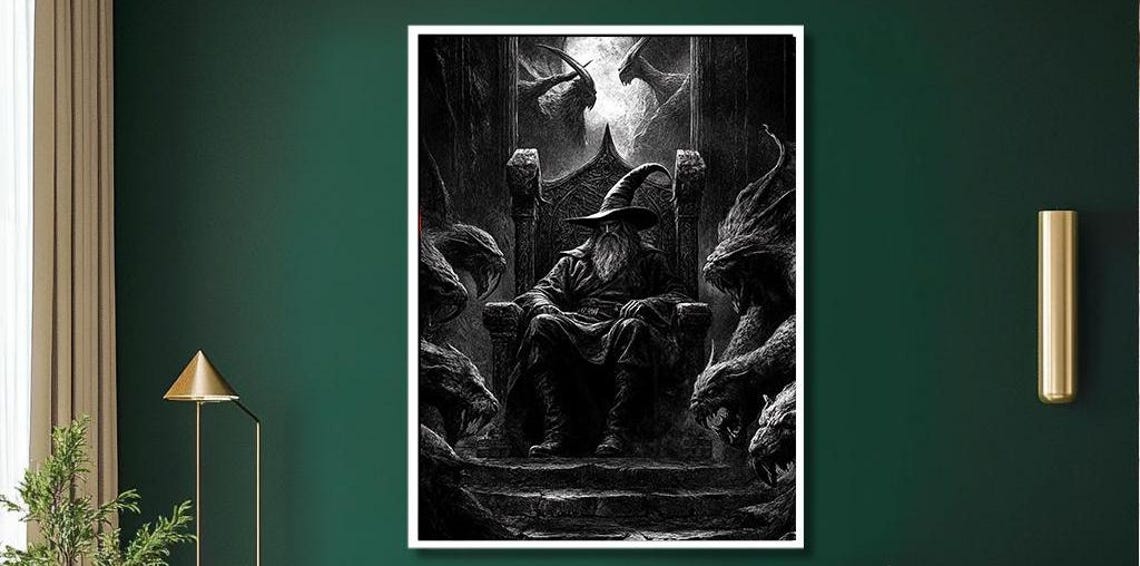Monochrome Wizard on Dragon Throne Black and White Fantasy Poster
