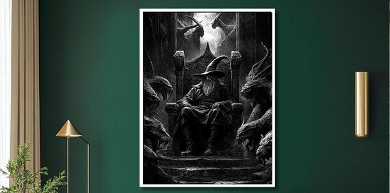 Monochrome Wizard on Dragon Throne Black and White Fantasy Poster