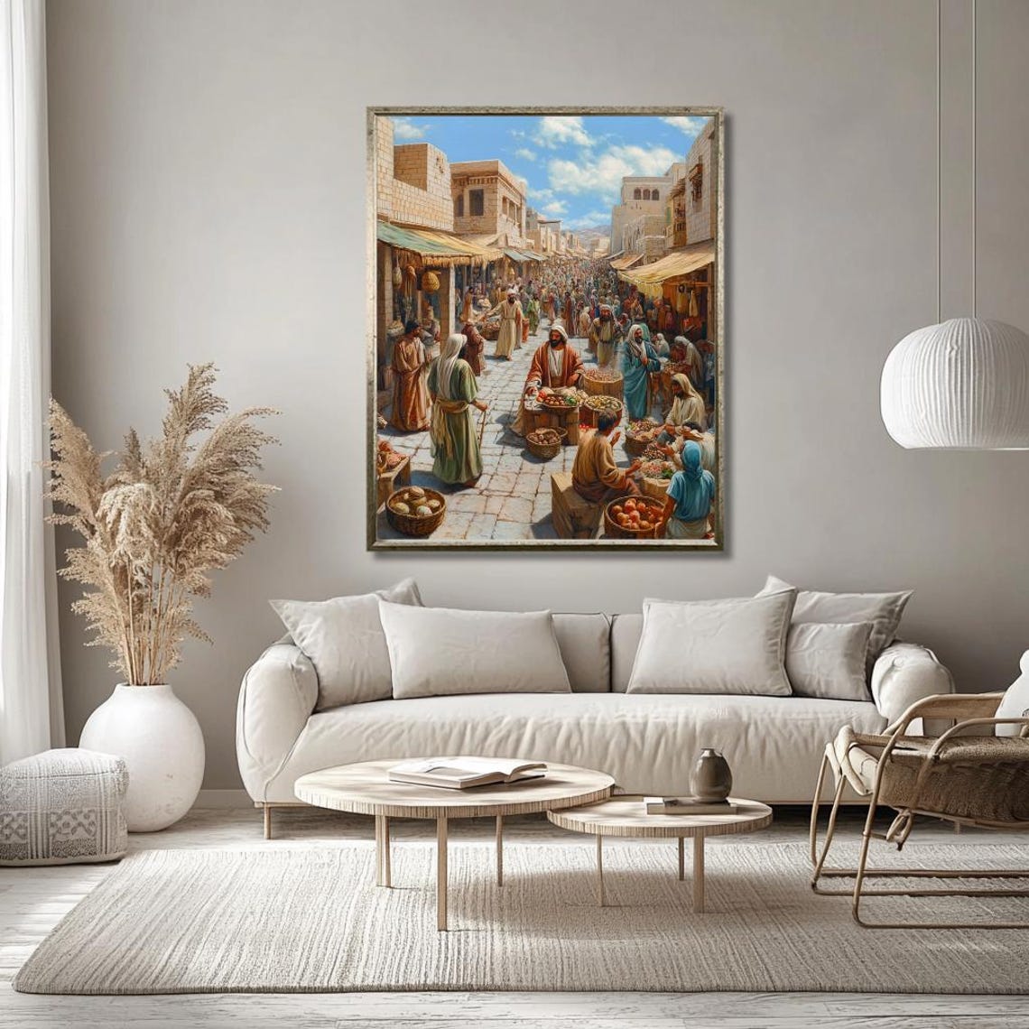 Jesus in a Bustling Ancient Marketplace Teaching Crowd Art Poster - Image 3