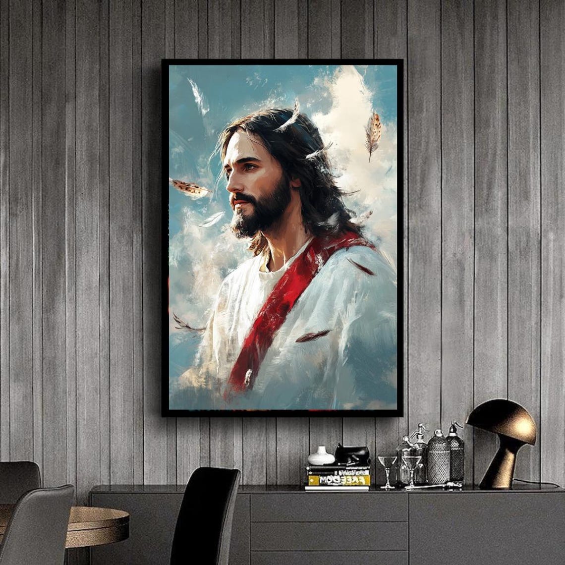 Jesus Portrait with Red Sash and Floating Feathers Painterly Poster