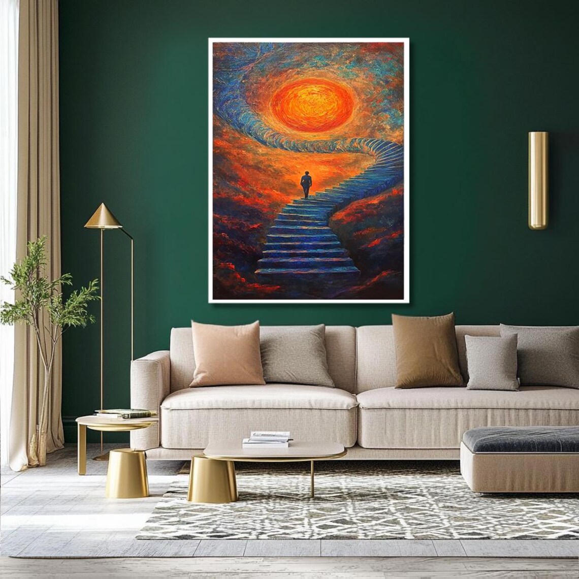 Surreal Stairway Climbing to a Fiery Sun Lone Silhouette Dream Print - Image 2
