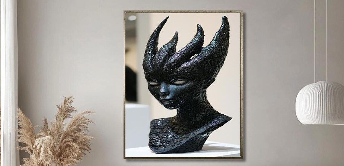 Dark Fantasy Horned Bust Black Textured Sculpture Wall Poster