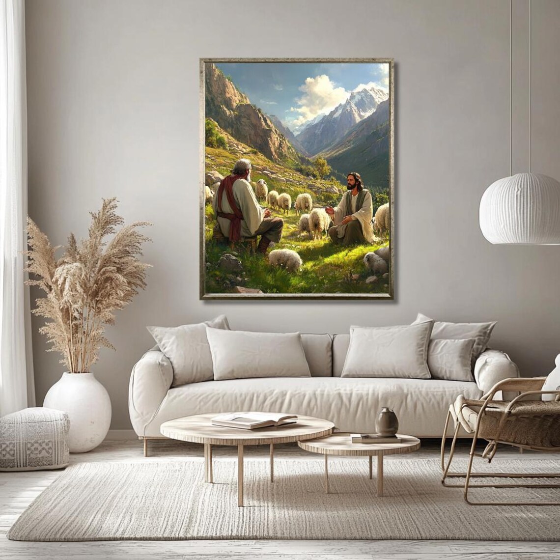 Jesus the Good Shepherd Poster: Mountain Valley Flock and Follower Scene - Image 2