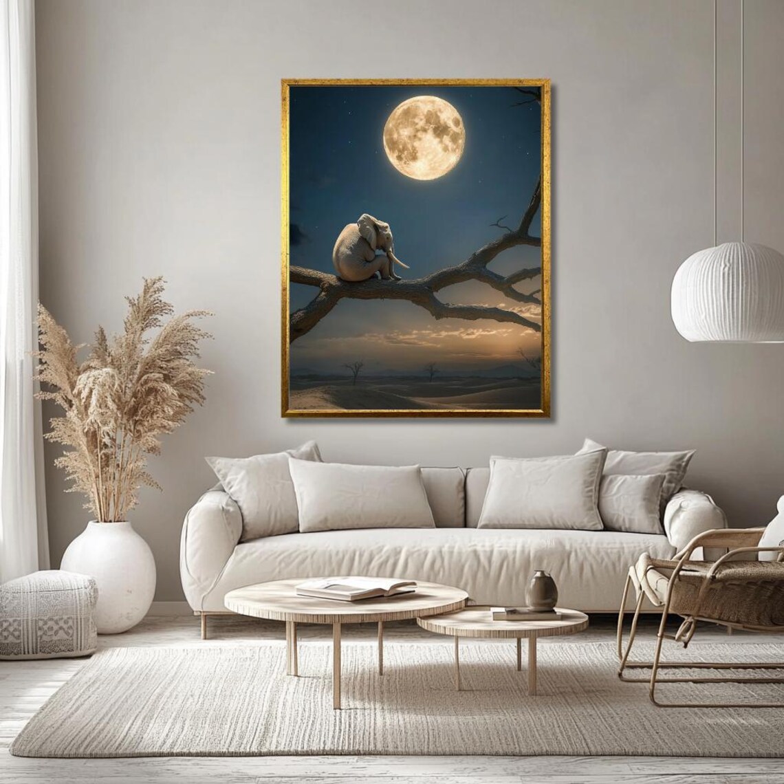 Baby Elephant On Branch Under Full Moon Starry Night Sky Poster - Image 2