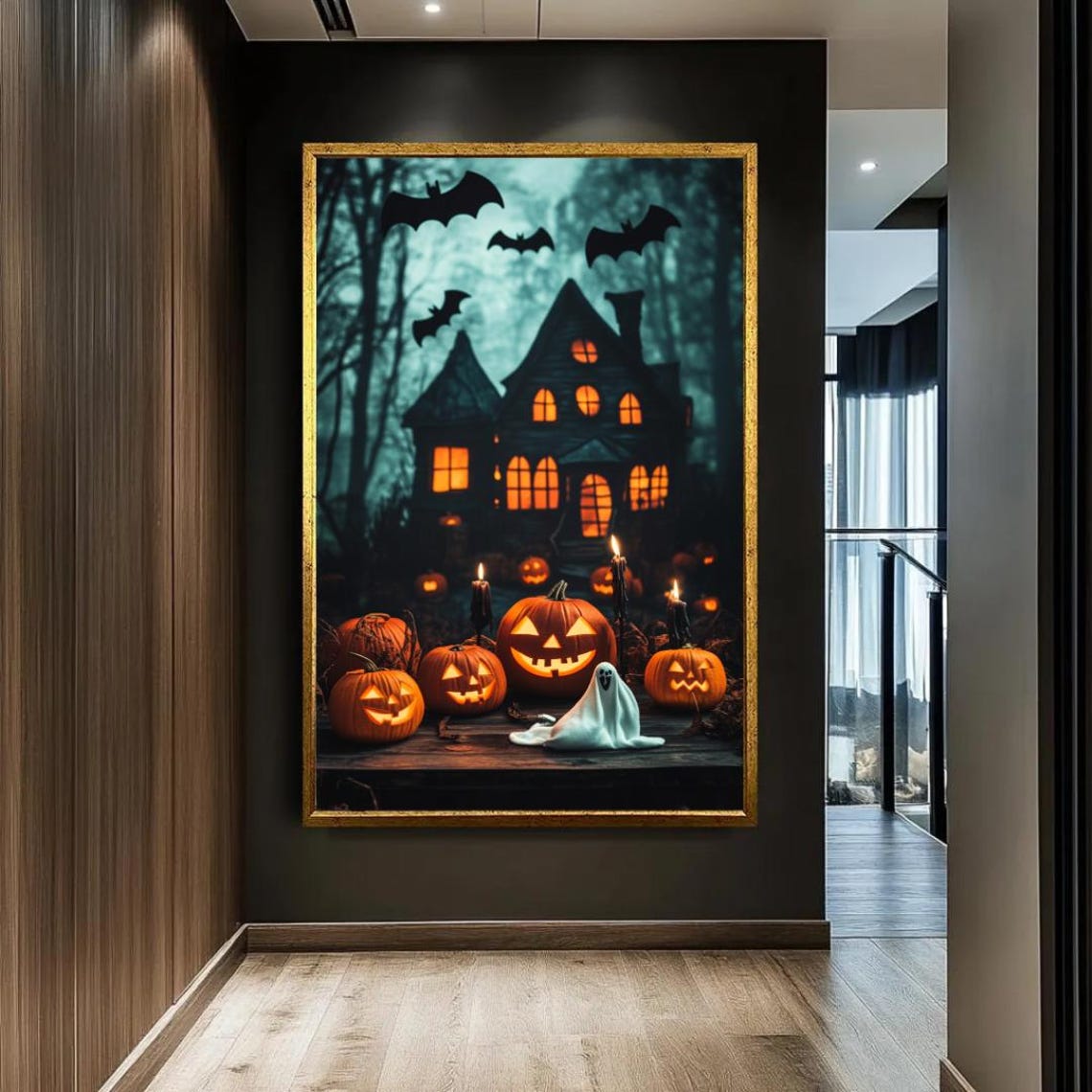 Haunted House on Halloween Night Bats Jack O Lanterns Wall Art - Image 2