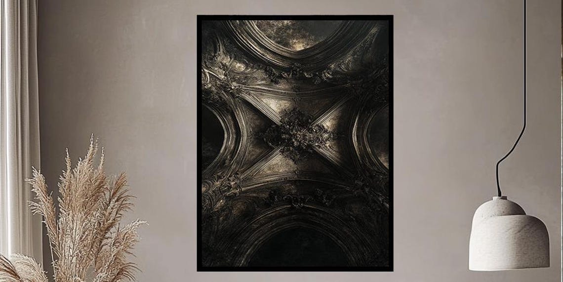 Baroque Vaulted Cathedral Ceiling Dark Ornate Architecture Art Print