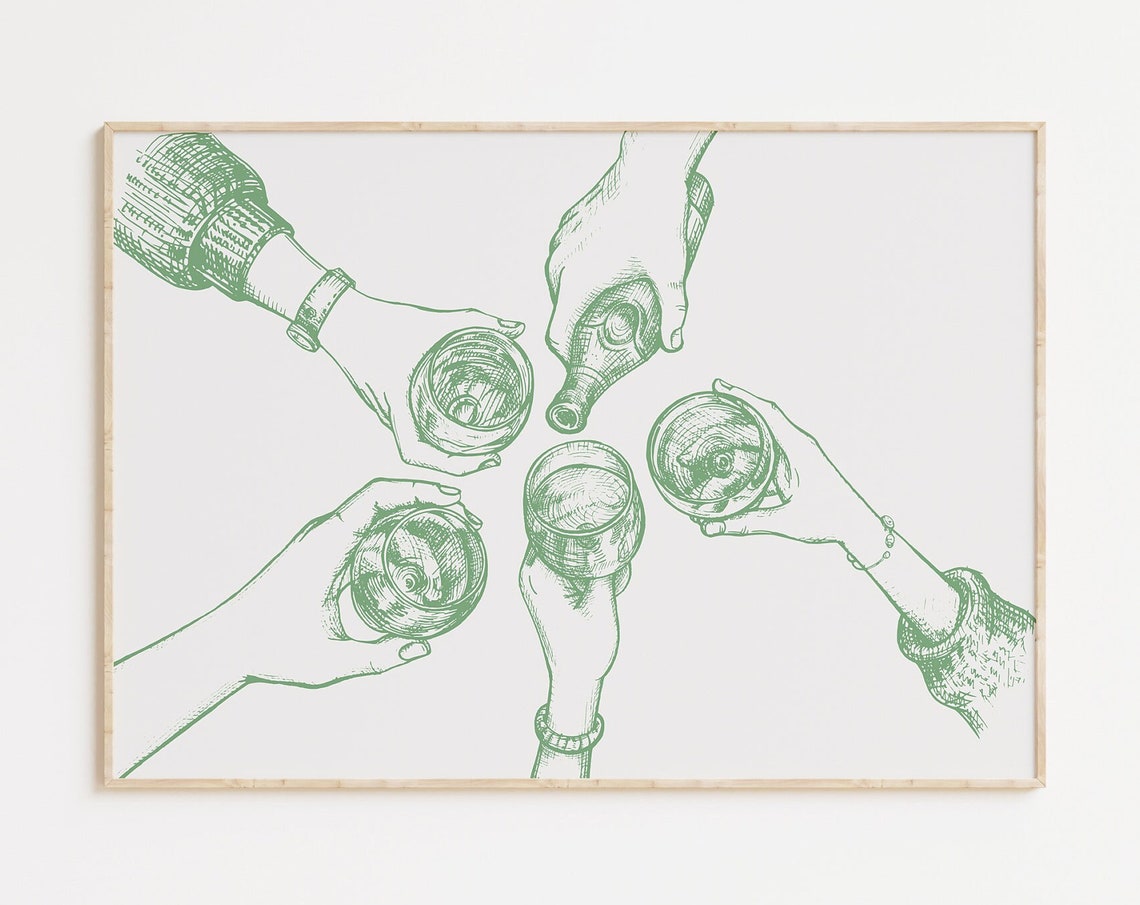Wine Glasses Cheers Toast Sage Green Line Art Kitchen Poster