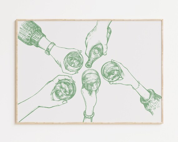 Wine Glasses Cheers Toast Sage Green Line Art Kitchen Poster