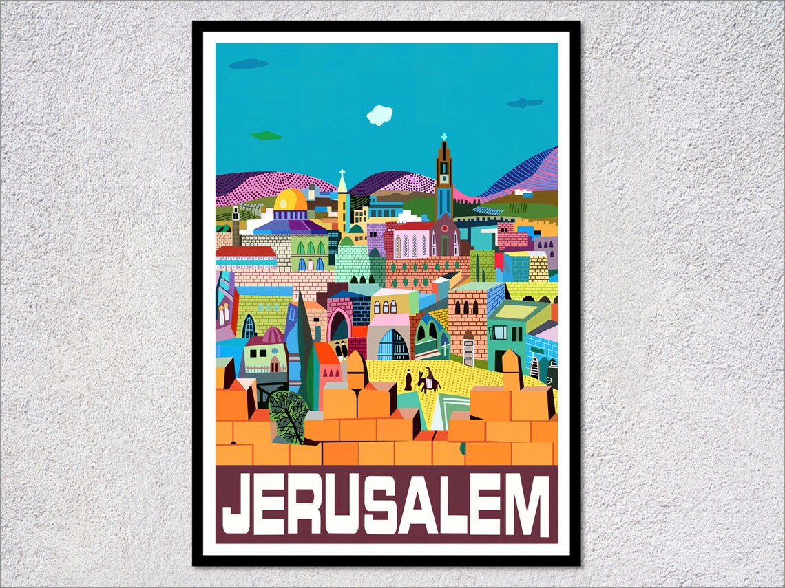 Vintage Jerusalem Travel Poster, Historic Israel Decor