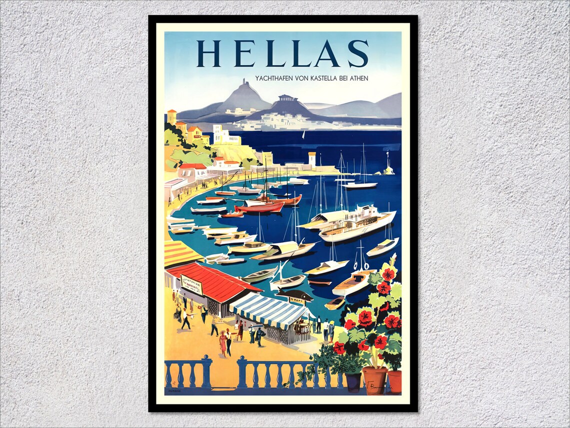 Greece Vintage Mediterranean Travel Poster, Greek Tourism