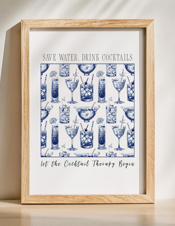 Funny Save Water Drink Cocktails Blue Pattern Bar Wall Poster