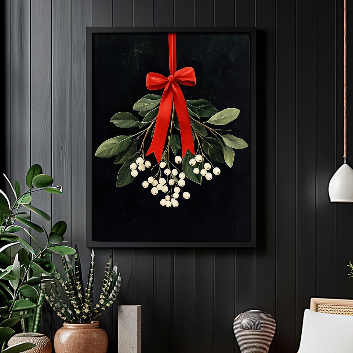 Mistletoe With Red Ribbon Bow Vintage Christmas Botanical Wall Art - Image 2