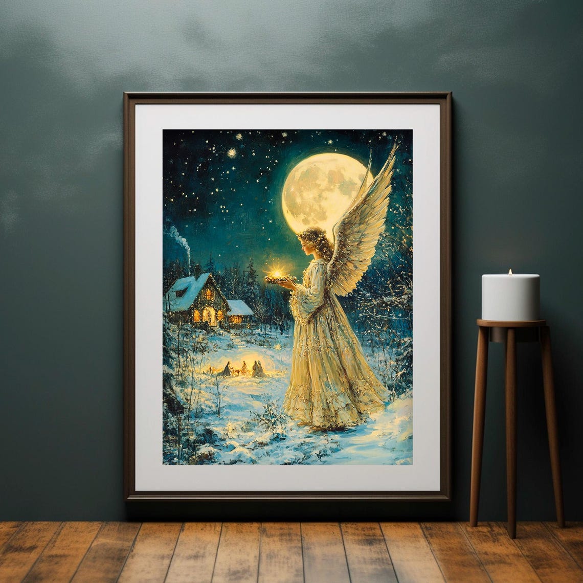 Christmas Angel with Lantern Full Moon Snowy Night Painting Poster - Image 4
