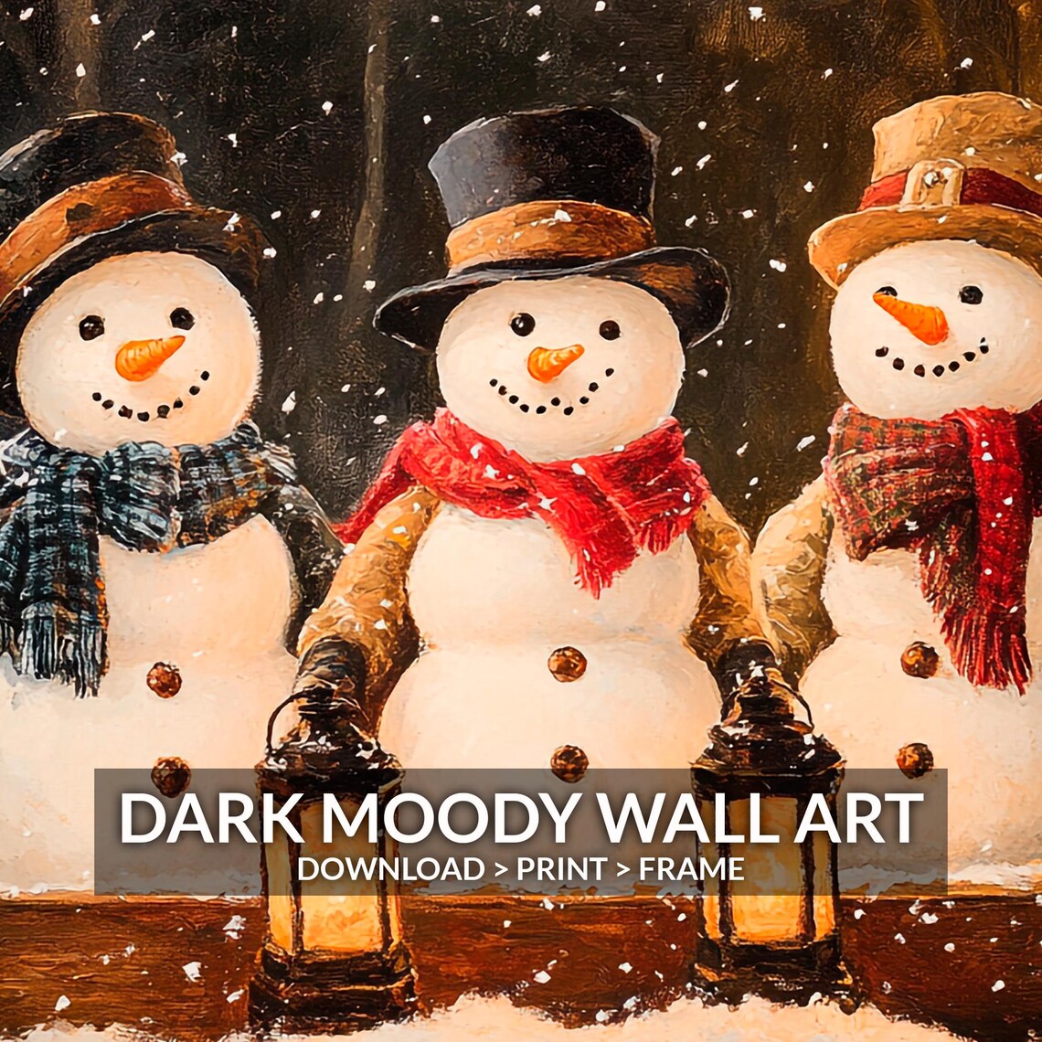 Three Snowmen Night Lanterns Snowfall Vintage Christmas Poster - Image 6