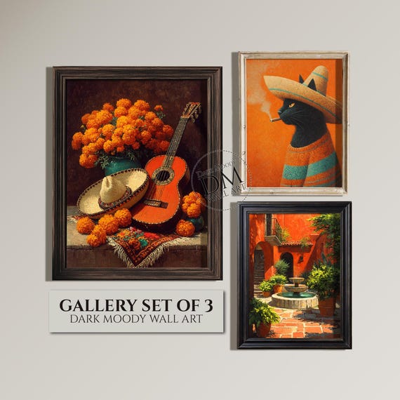 Mexican Folk Set Of 3 Gallery Wall Art Rustic Courtyard Decor