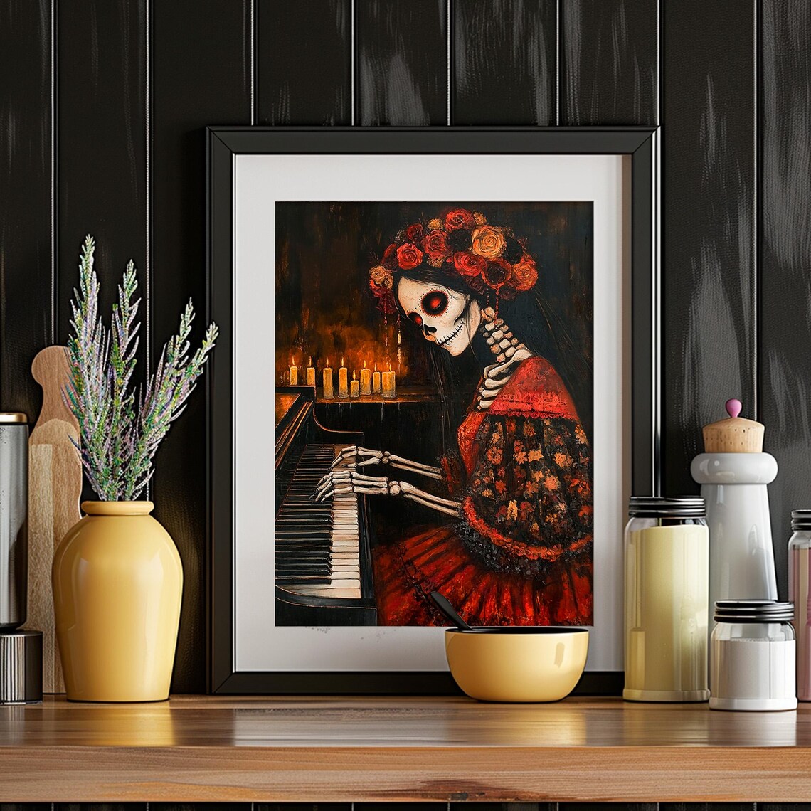 Day of the Dead Catrina Playing Piano Candlelight Sugar Skull Portrait Poster - Image 4
