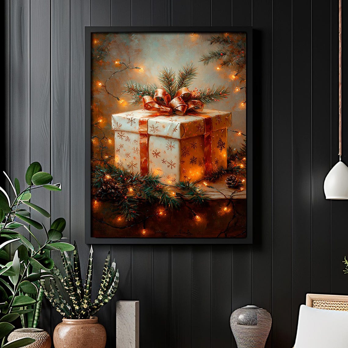 Copper Bow Gift Box Pine Fairy Lights Rustic Christmas Poster - Image 2