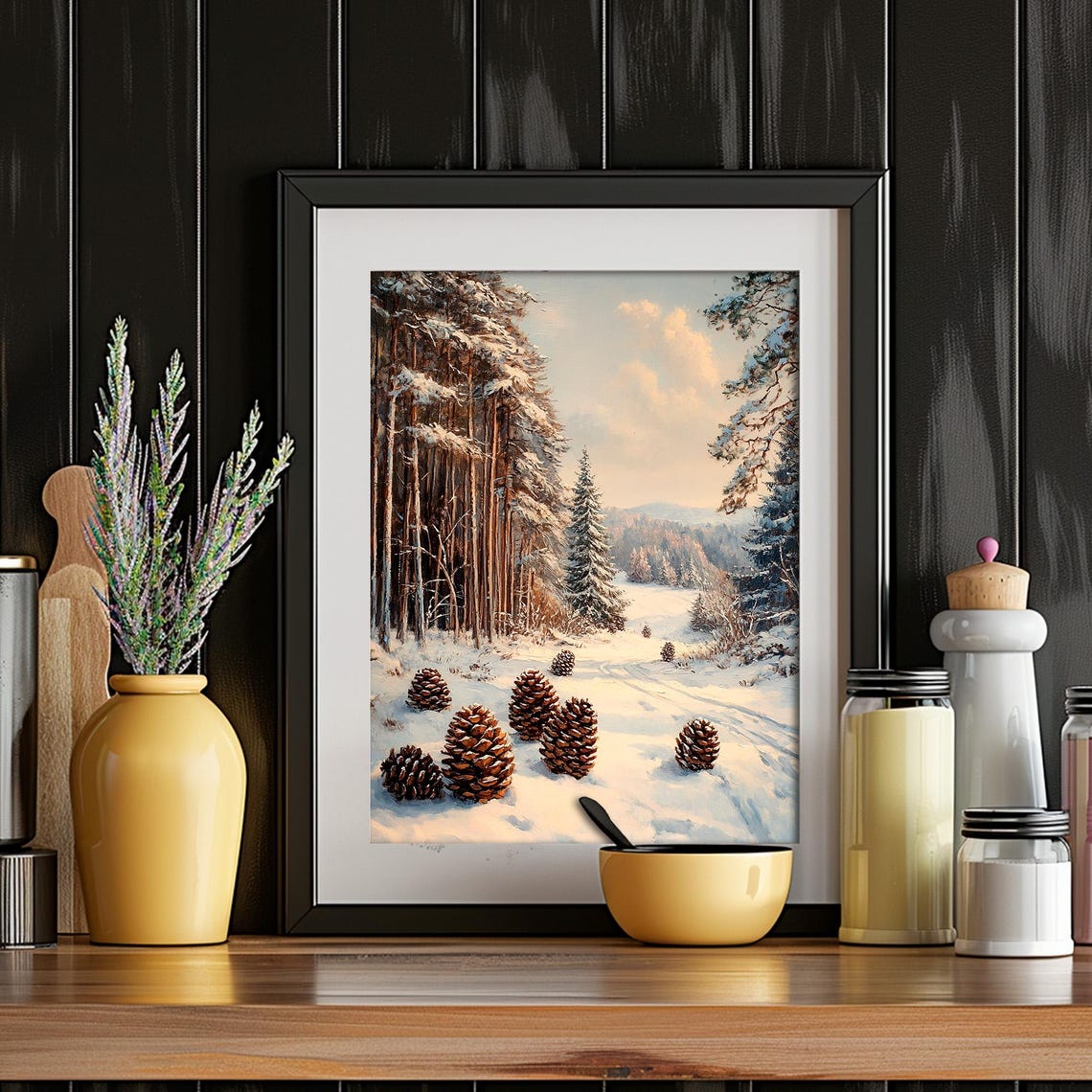 Snowy Pine Forest Winter Landscape Pinecones Moody Nature Poster - Image 4
