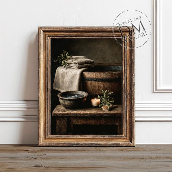 Rustic Wooden Tub Towels And Candle Scene, Wall Art Print