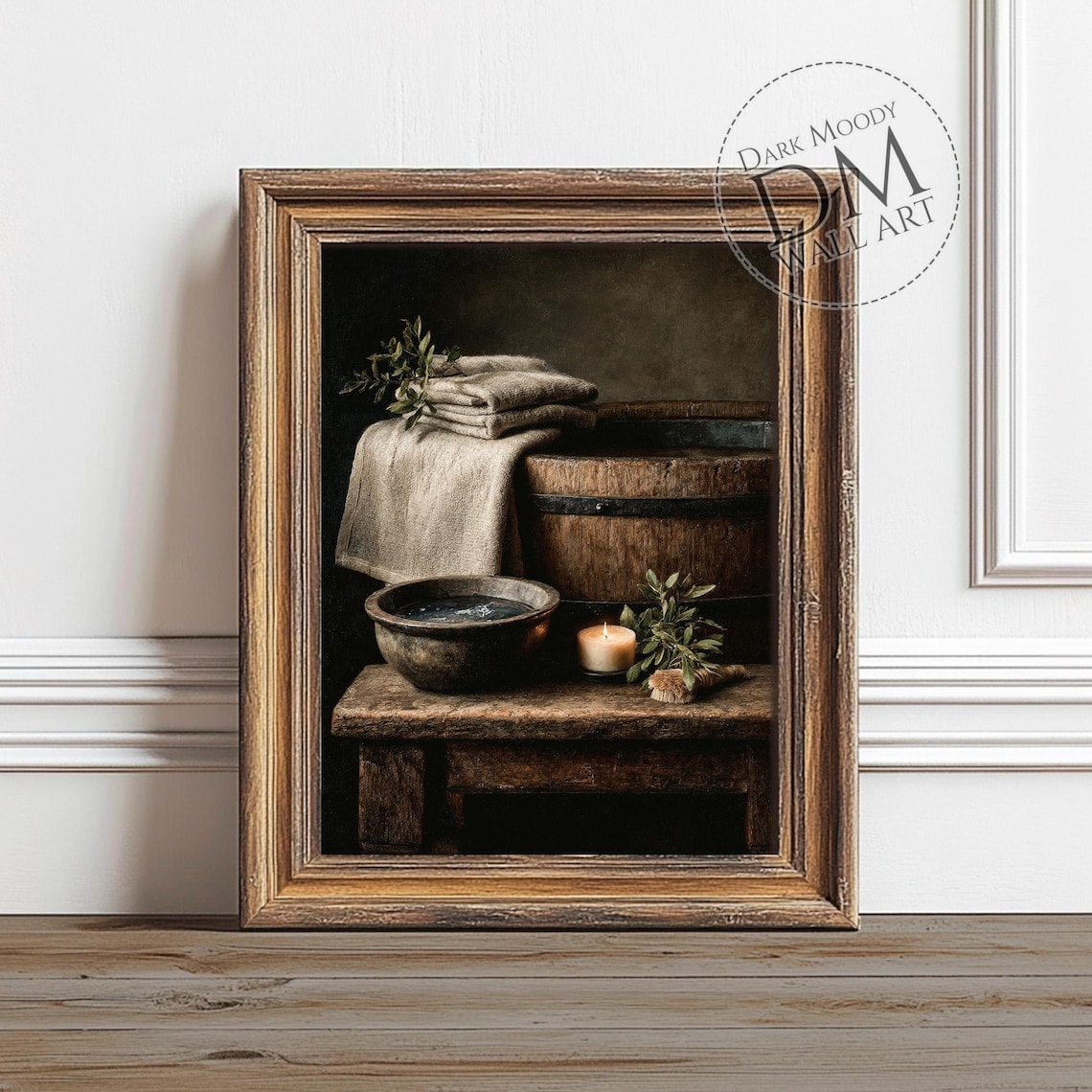 Rustic Wooden Tub Towels And Candle Scene, Wall Art Print