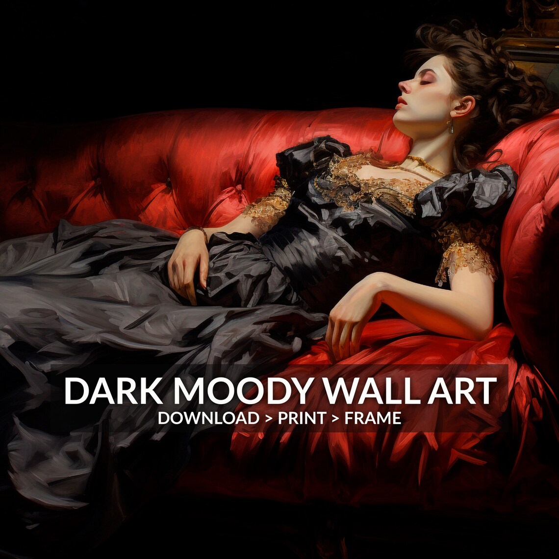 Victorian Woman Black Gown Red Velvet Sofa Dark Romance Art Print - Image 6