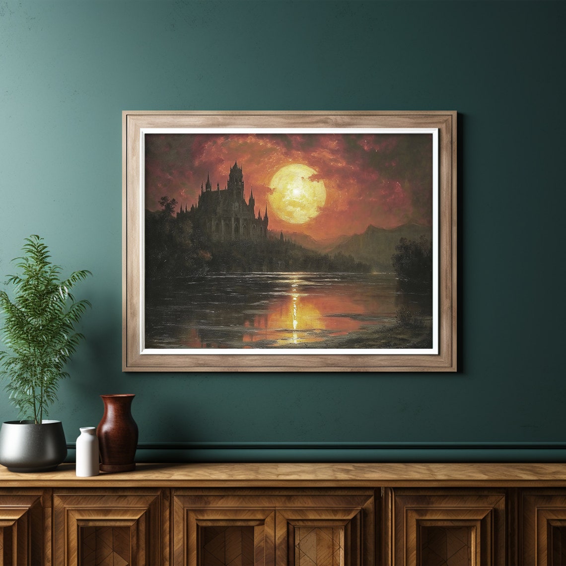 Medieval Castle Print Red Moon Painting Dark Moody Landscape Gothic Halloween Decor - Image 6