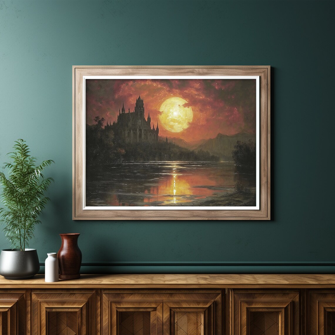 Medieval Castle Under Giant Blood Red Moon Over Lake Gothic Night Painting Poster - Image 6