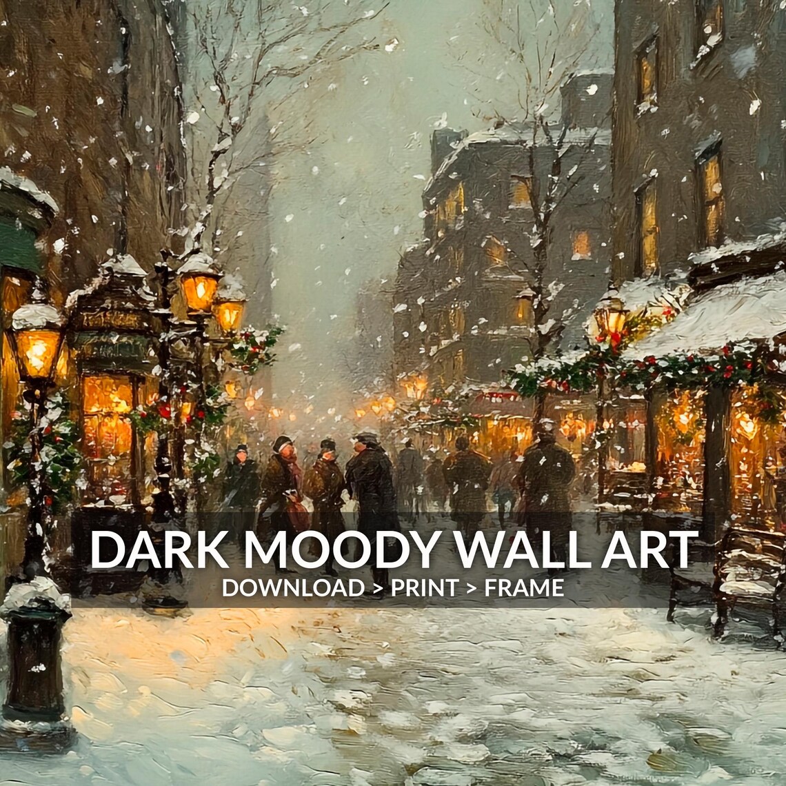 Snowy Vintage City Street Shops Night Lights Winter Painting Poster - Image 6