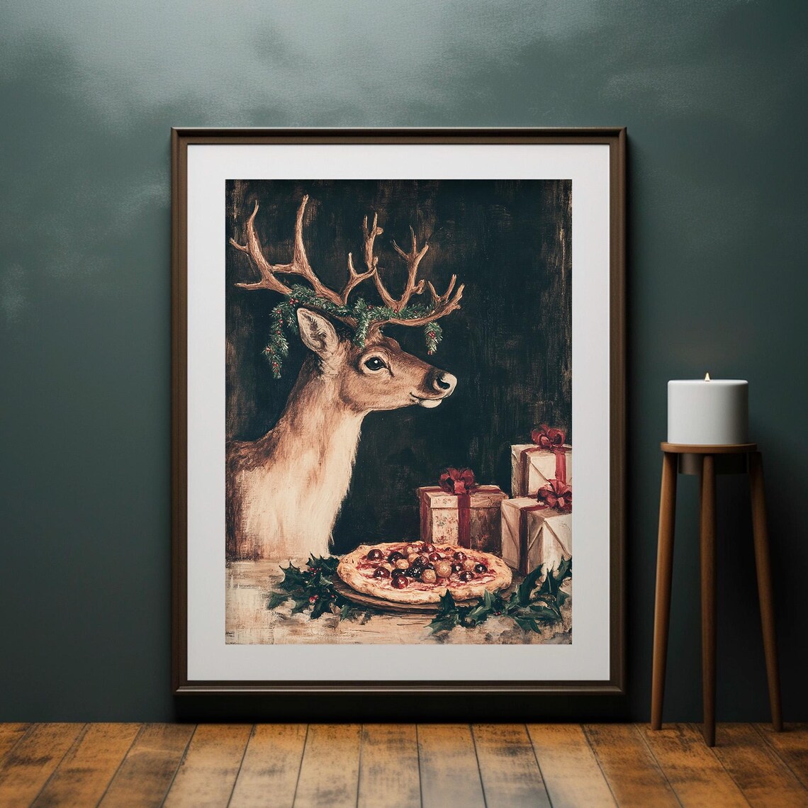Festive Deer Holly Antler Wreath Christmas Gifts Pizza Party Poster - Image 2