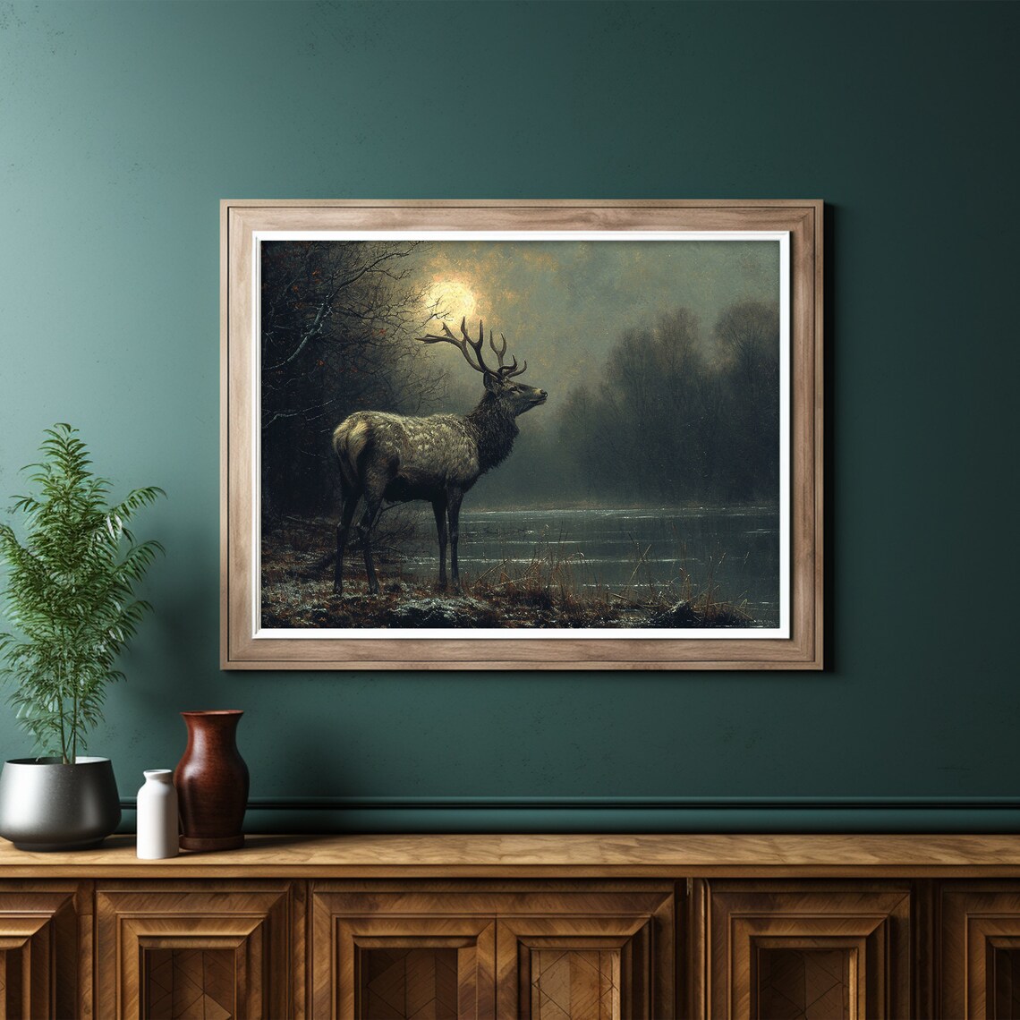 Majestic Stag Under a Full Moon by a Misty Lake Wildlife Painting Poster - Image 6