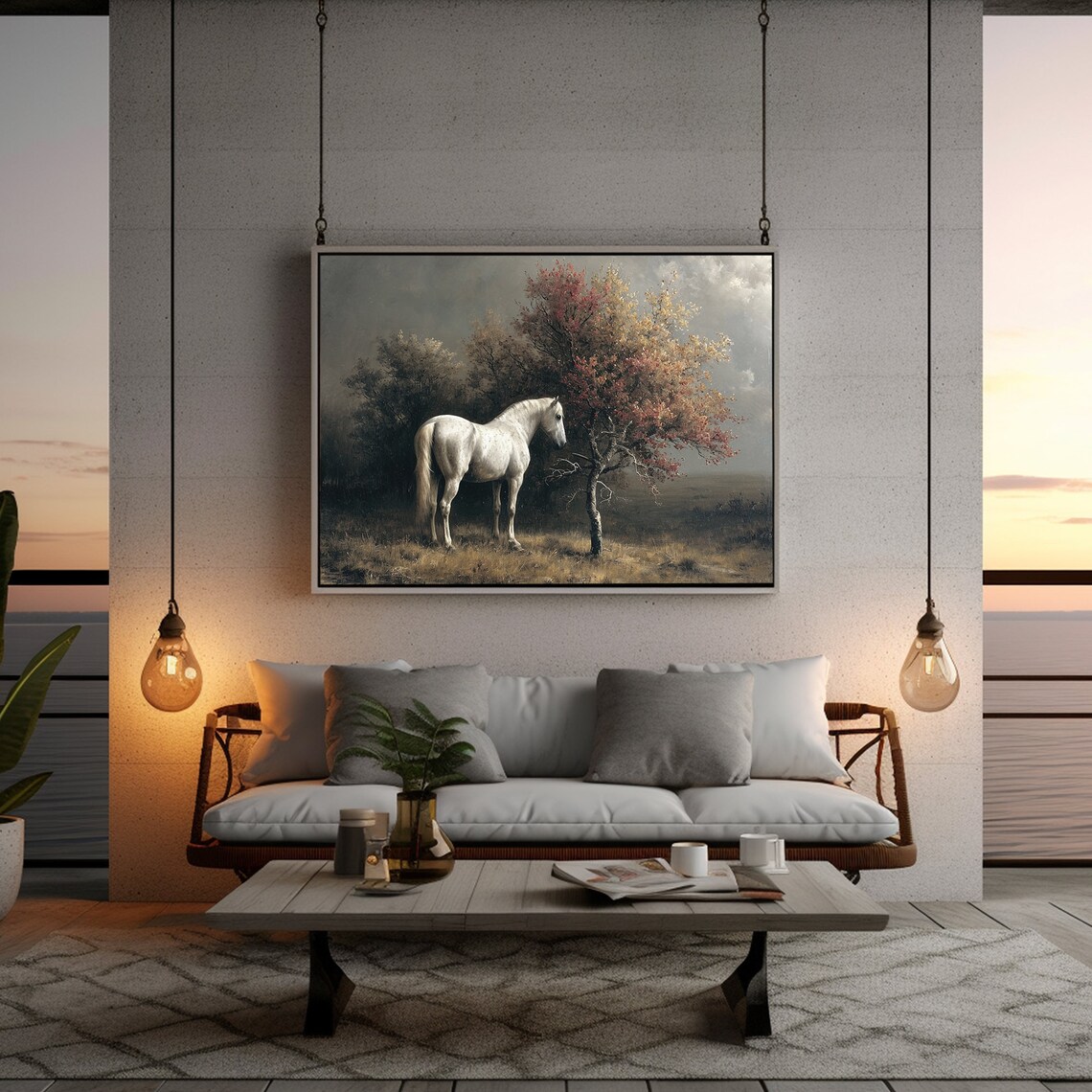 White Horse Standing In Dark Moody Field Vintage Oil Painting Poster - Image 5