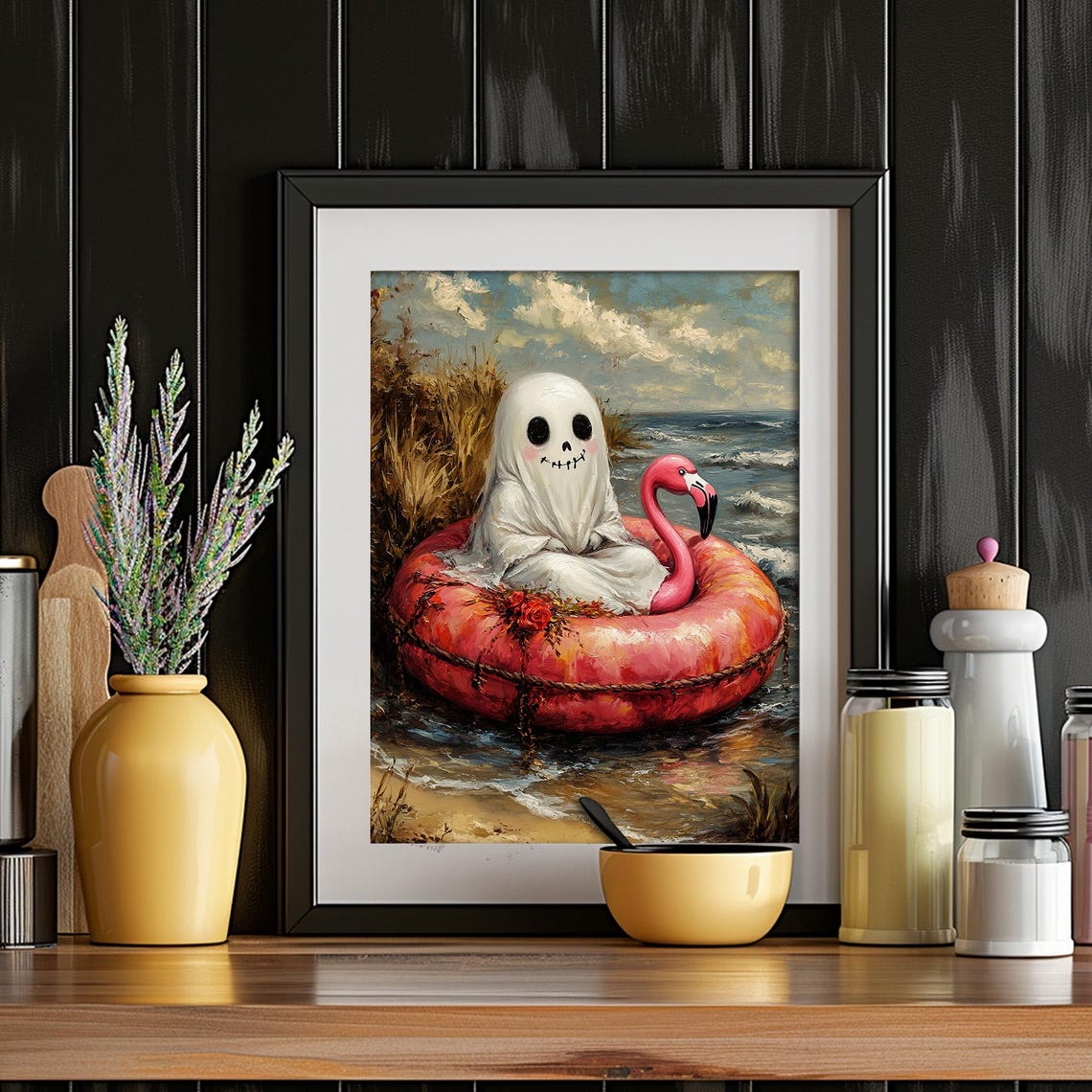 Cute Ghost Pink Flamingo Pool Float Beach Summer Halloween Wall Art - Image 4