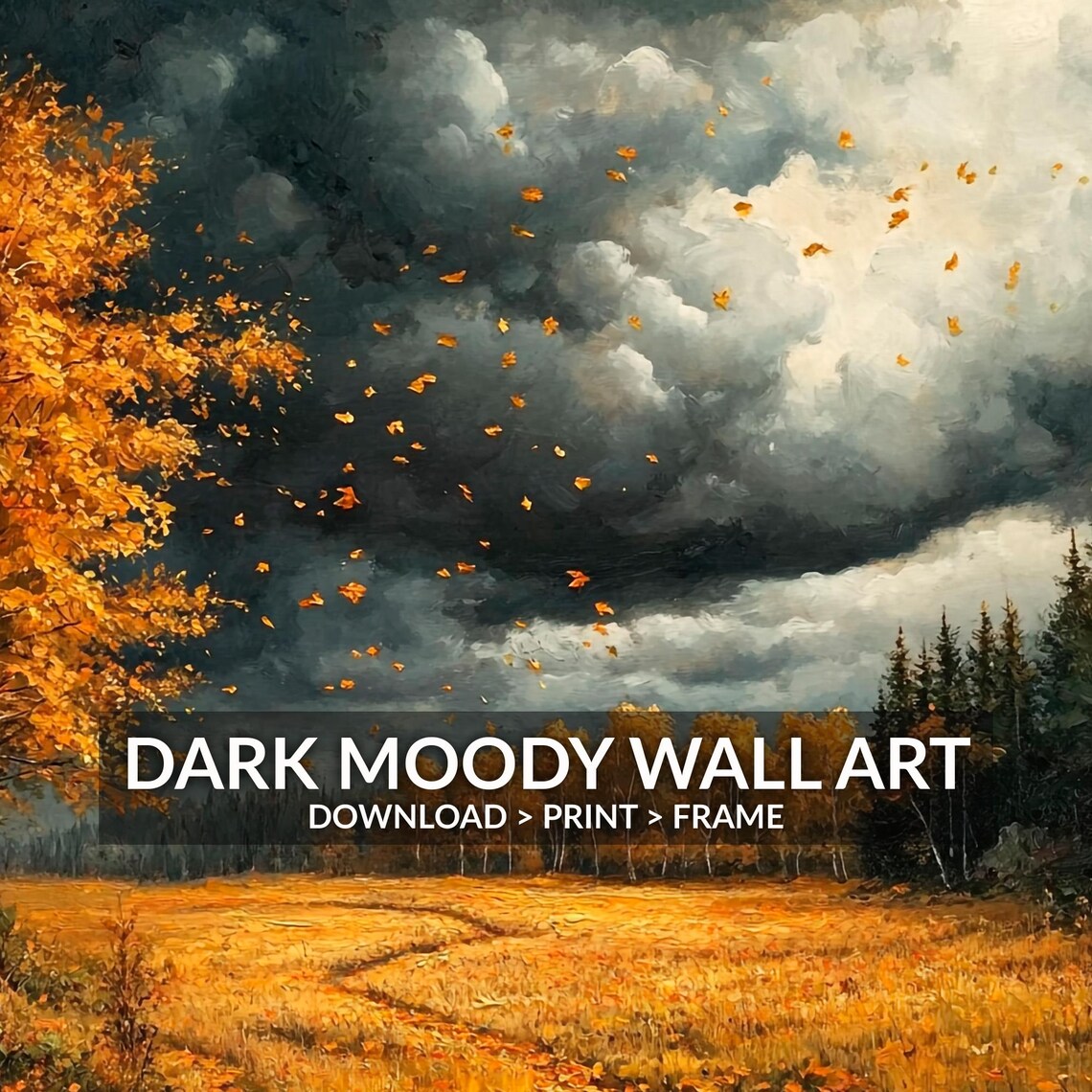 Golden Birch Forest Wind Storm Clouds Swirling Leaves Moody Landscape Poster - Image 6