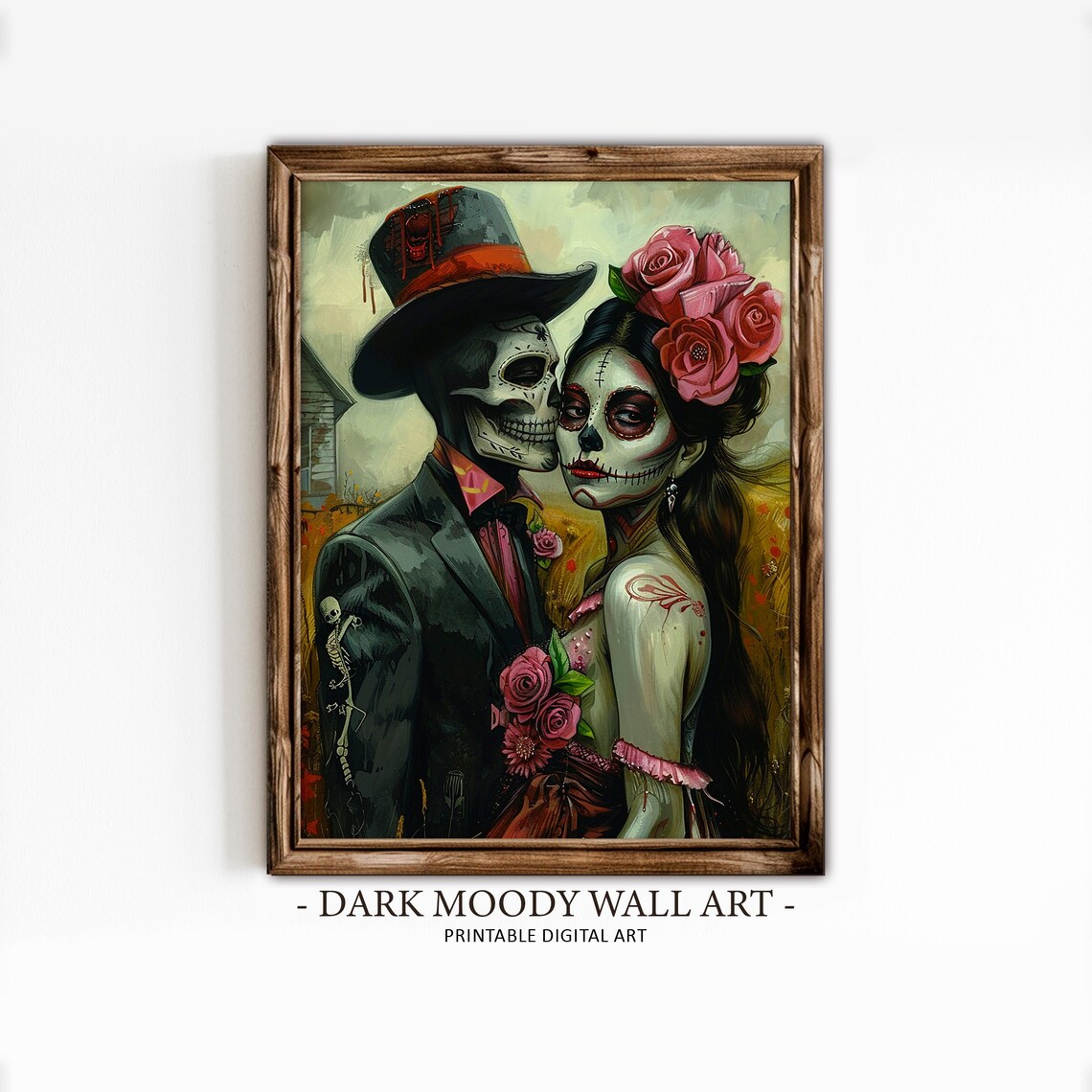 Day of Dead Skeleton Couple Embrace Pink Roses Romantic Painting Poster