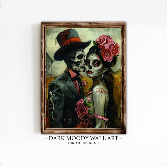 Day of Dead Skeleton Couple Embrace Pink Roses Romantic Painting Poster