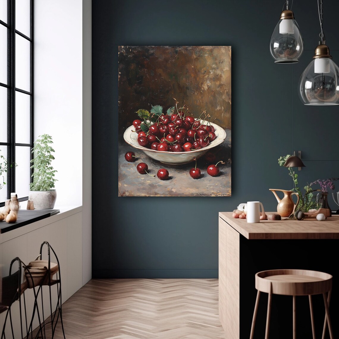 Cherry Print, Moody Fruit Still Life Painting - Image 2
