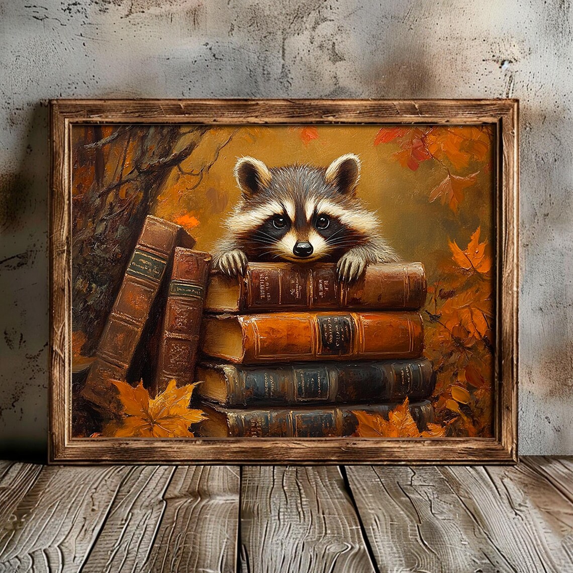 Vintage Raccoon On Stacked Antique Books Fall Autumn Leaves Wall Art - Image 4