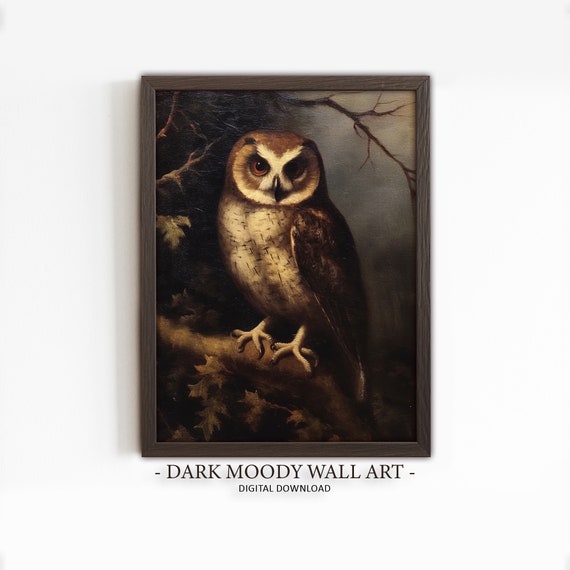 Antique Owl Wall Art Painting Dark Moody Rustic Landscape Vintage Farmhouse Artwork Oil Painting