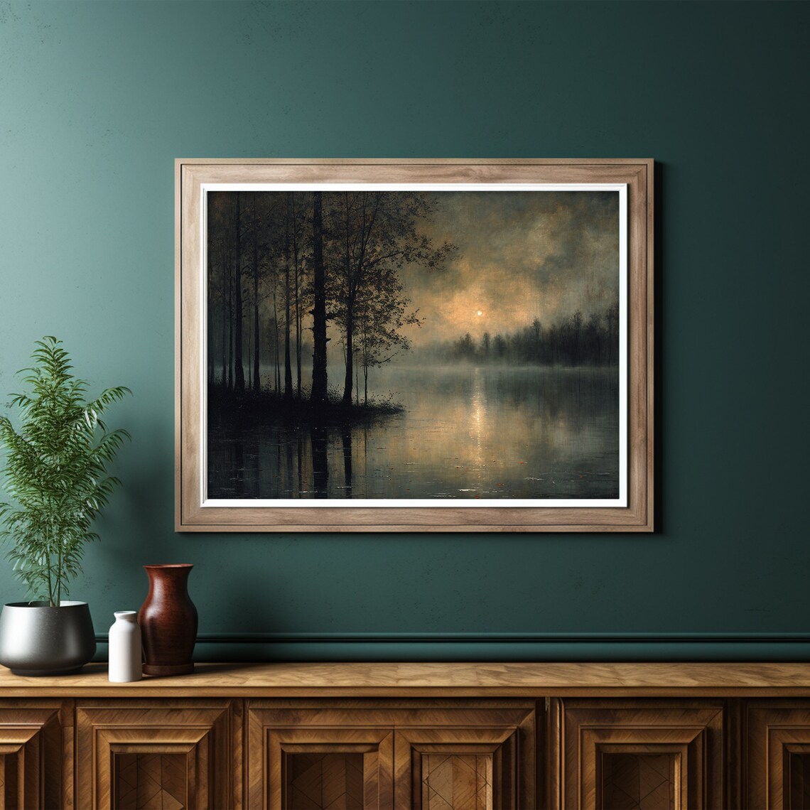 Moody Lake At Dusk Forest Landscape Art Print - Image 6