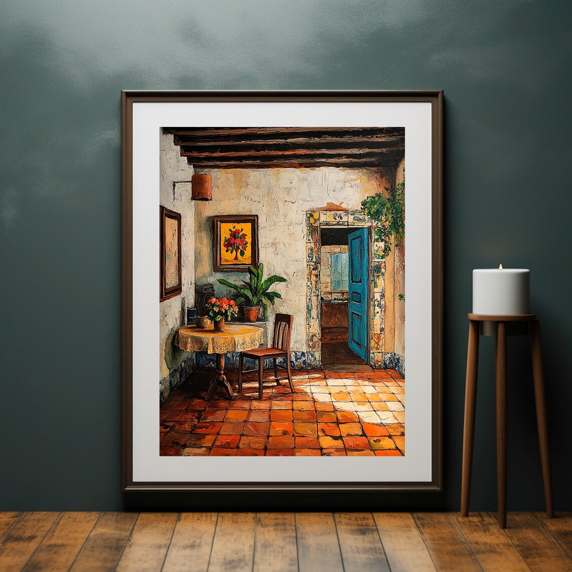 Rustic Mexican Courtyard Blue Door Terracotta Tile Mediterranean Poster - Image 4