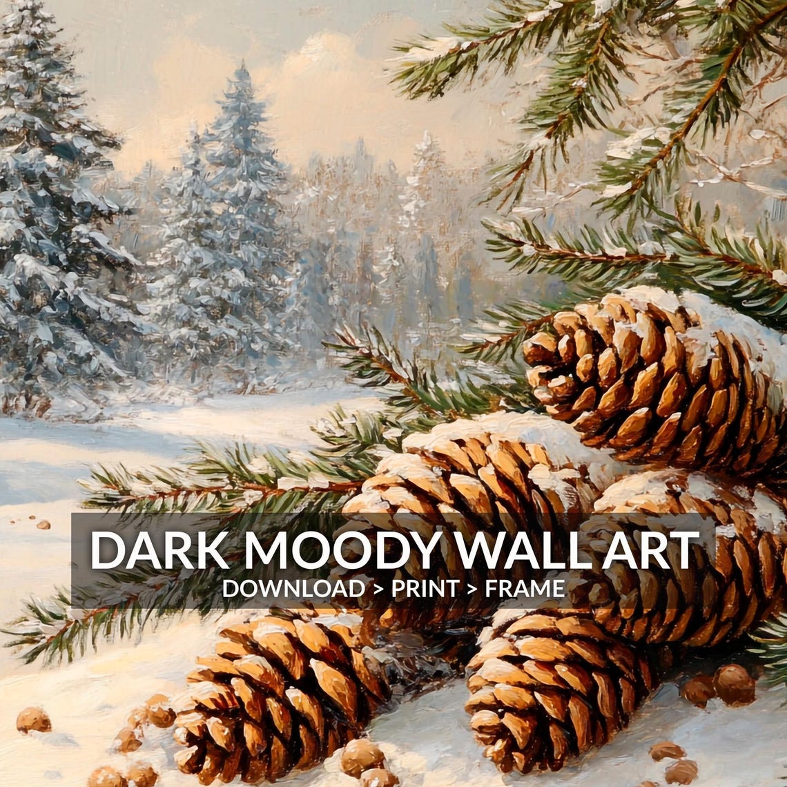 Snow Dusted Pine Cones on Pine Branches in Winter Forest Wall Art - Image 2