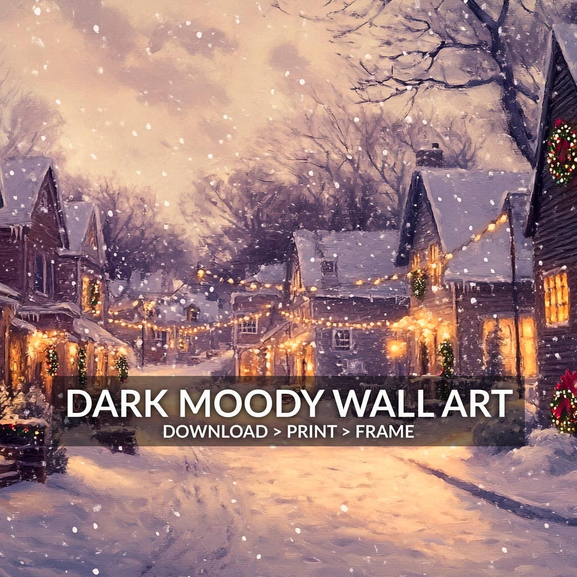 Snowy Village Street Twilight Wreaths String Lights Painting Poster - Image 6