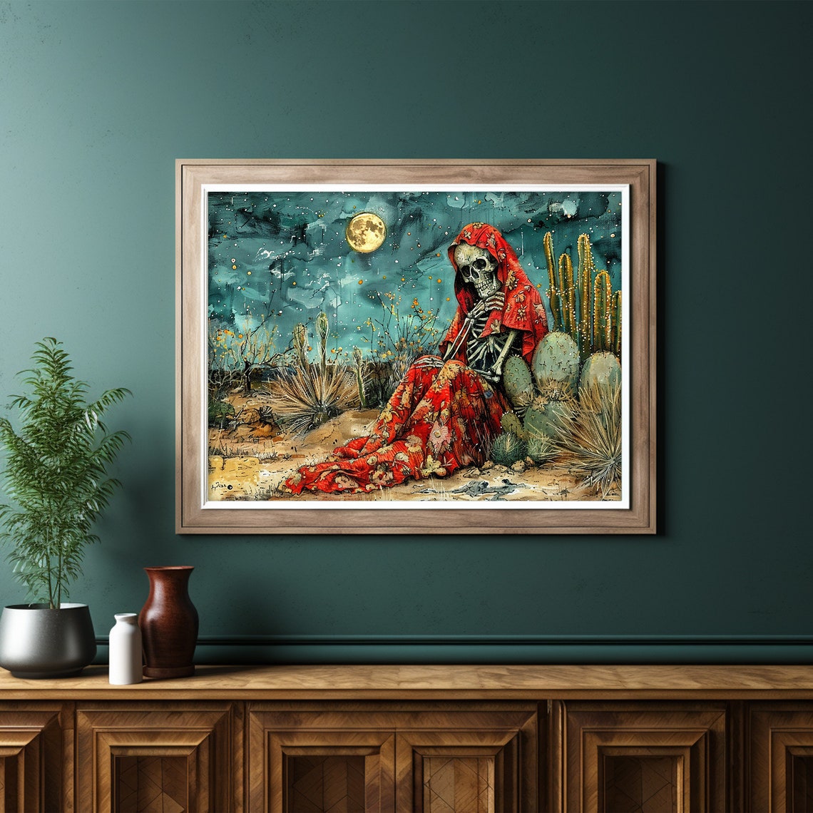 Dia De Los Muertos Skeleton Desert Cacti Moonlight Painting Poster - Image 6
