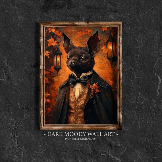 Victorian Bat Gentleman Autumn Lantern Portrait Halloween Wall Art