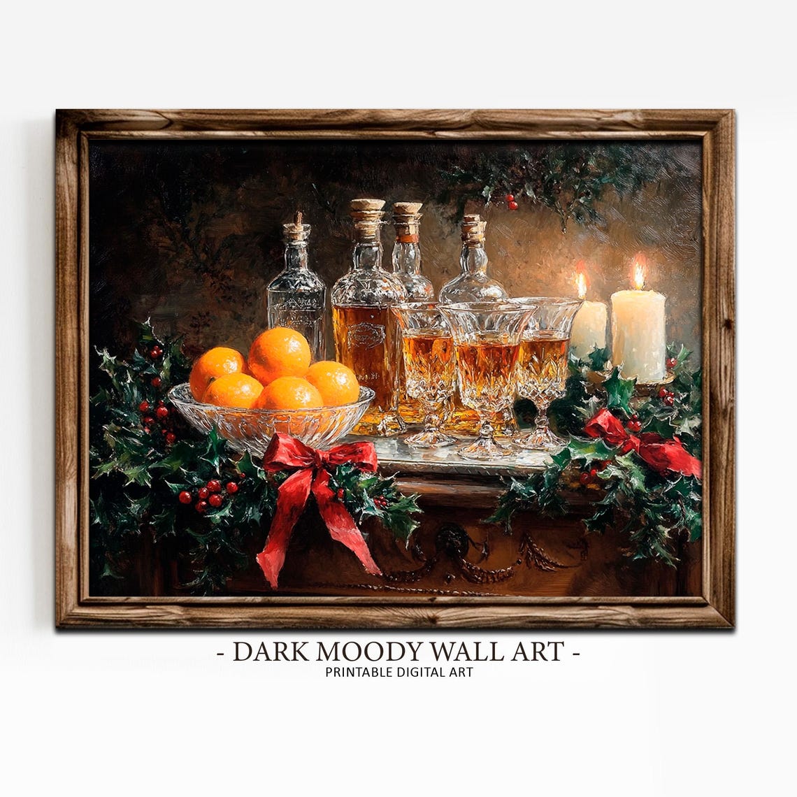 Christmas Whiskey Bar Cart Decanters Holly Candles Moody Poster - Image 4