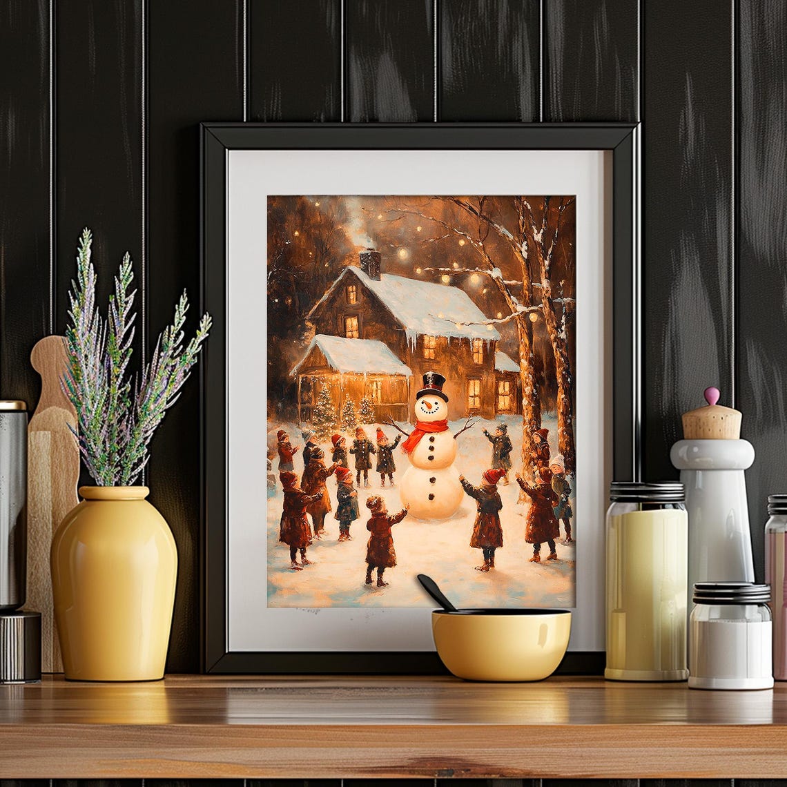 Children Dancing Around Snowman Cabin Night Christmas Poster - Image 4