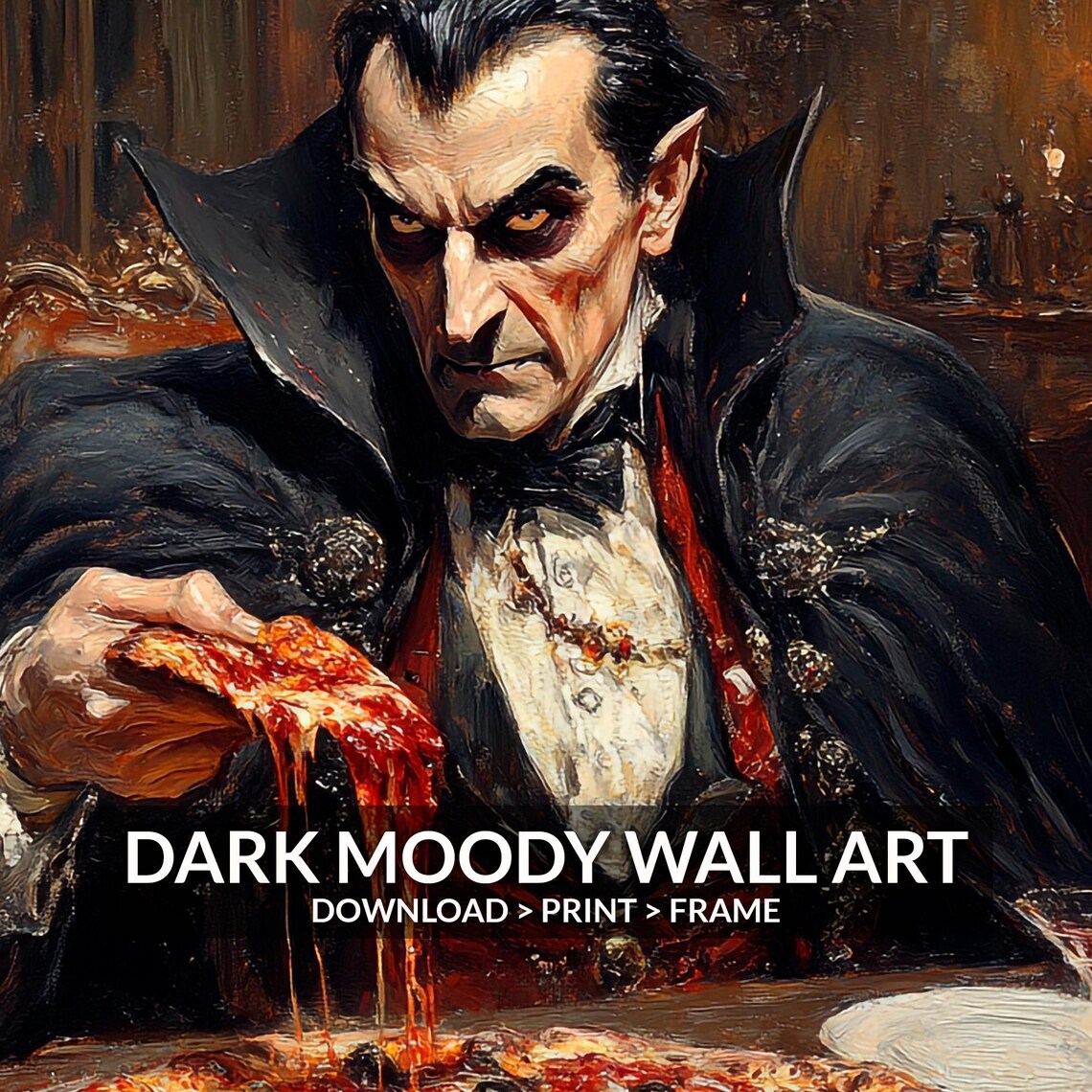 Dracula Vampire Eating Pizza Vintage Halloween Art Print - Image 6
